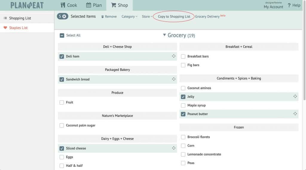 screen shot of meal planning app staples list