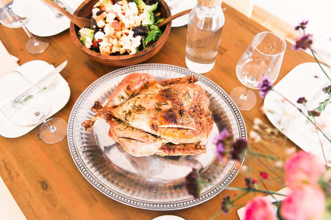 Thanksgiving dinner table spread with turkey
