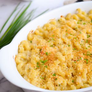 lobster mac and cheese in a casserole dish