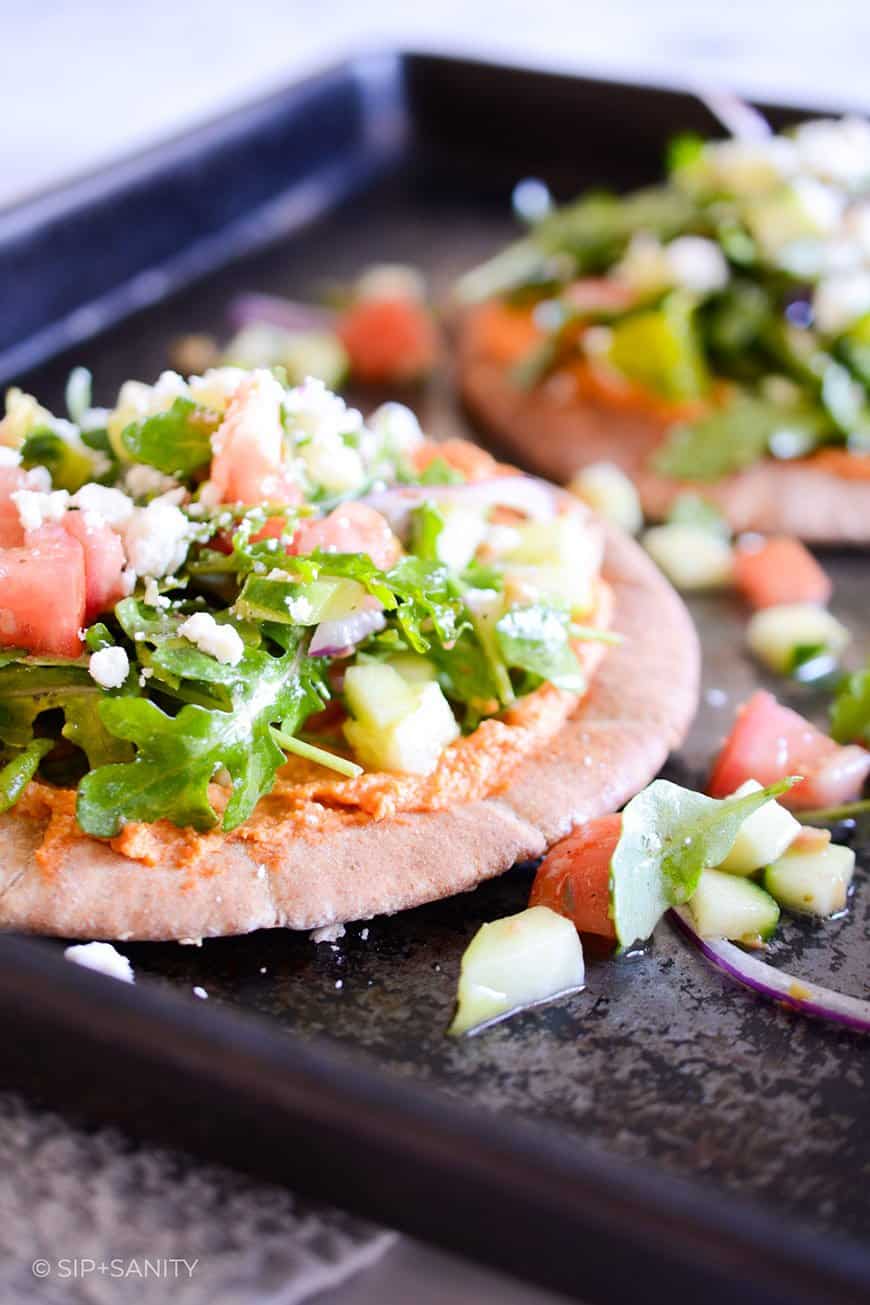 greek salad pita pizzas with roasted red pepper hummus