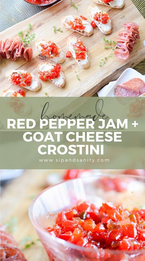 pin image for homemade red pepper jam and goat cheese crostini