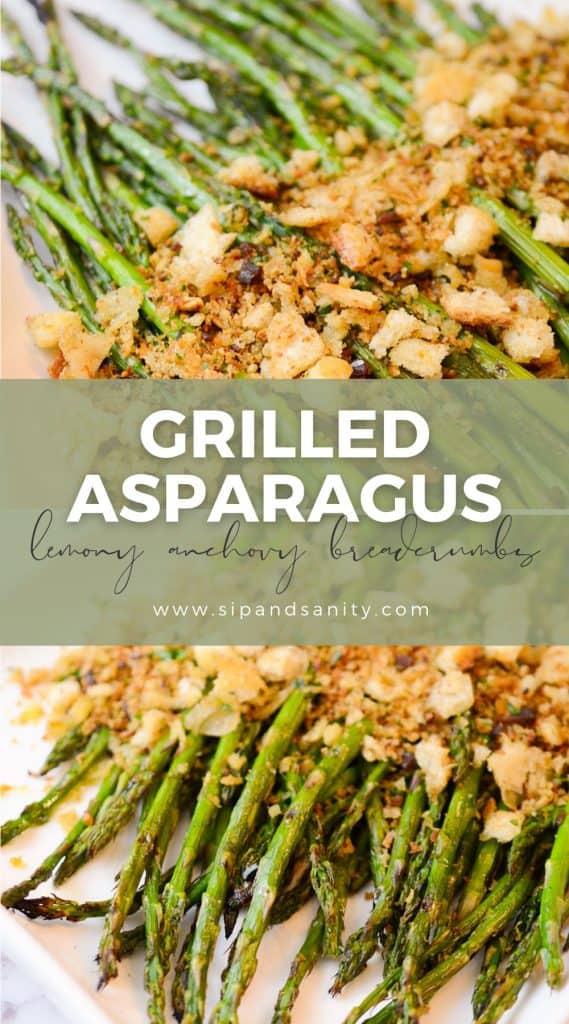 pin image for grilled asparagus with anchovy breadcrumbs