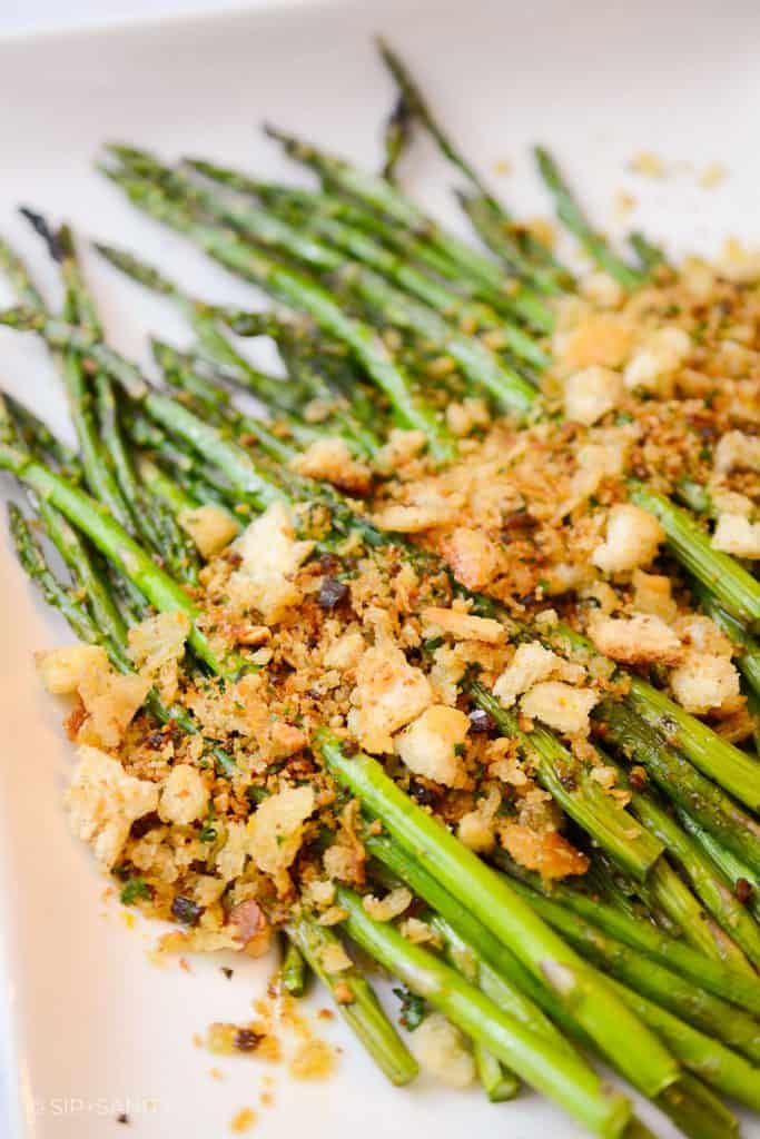 platter of asparagus with crispy anchovy breadcrumbs