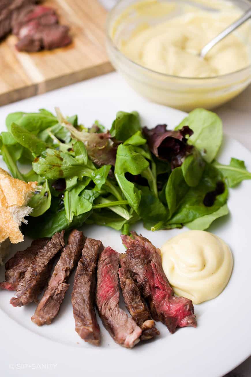 plate of salad, steak and french mayo