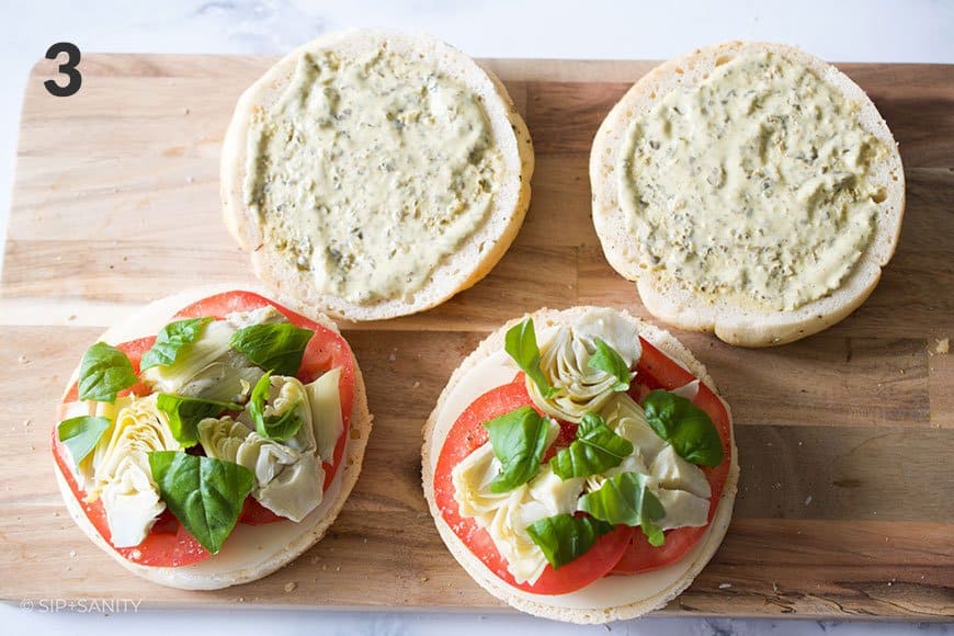 focaccia with artichokes and basil leaves