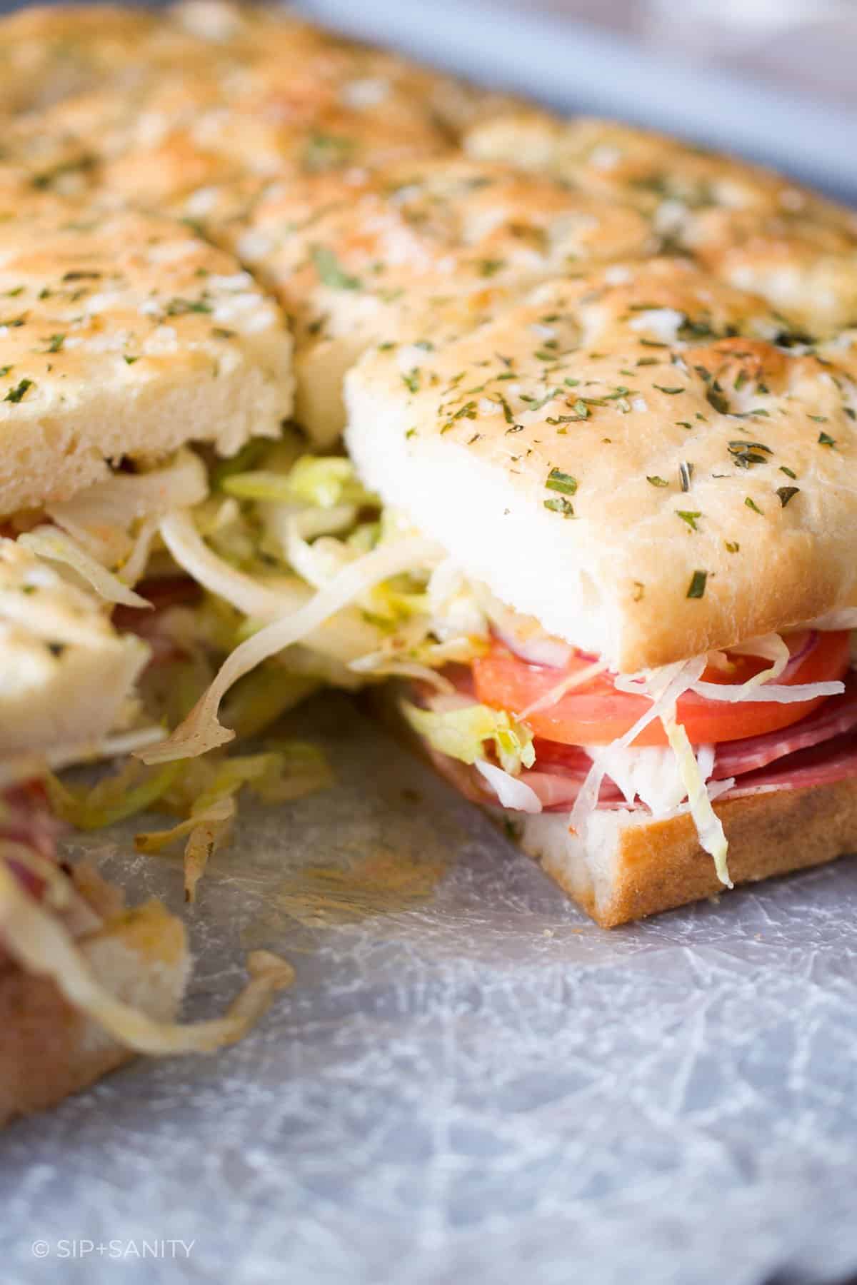 italian sub sandwich sliders on focaccia