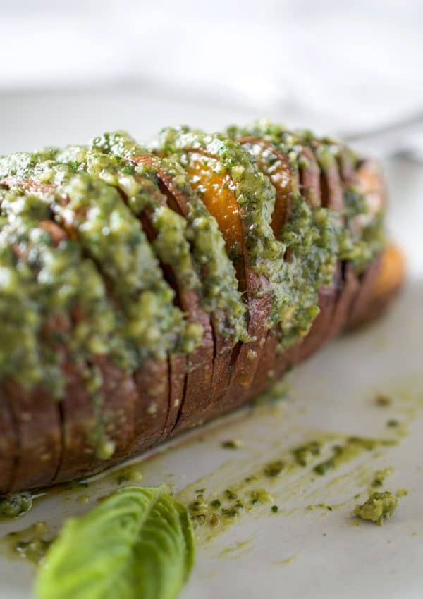 Hasselback Sweet Potatoes with Pumpkin Seed Pesto Butter