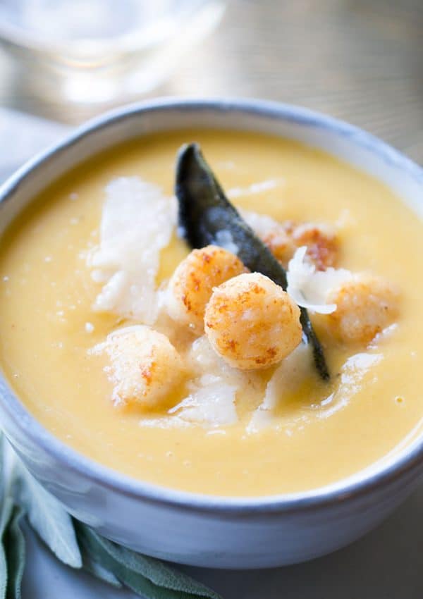 Roasted Acorn Squash Bisque with Crispy Bay Scallops