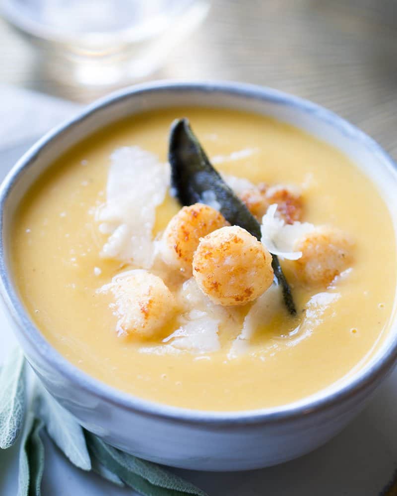Roasted Acorn Squash Bisque with Crispy Bay Scallops | by Sip + Sanity