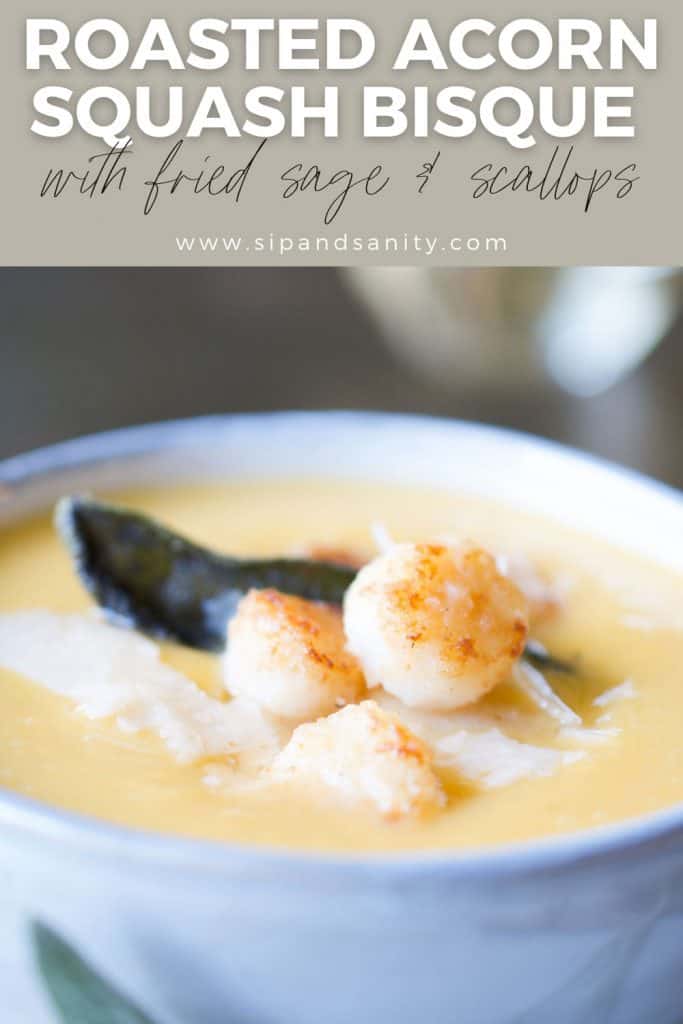 pin image for roasted acorn squash bisque