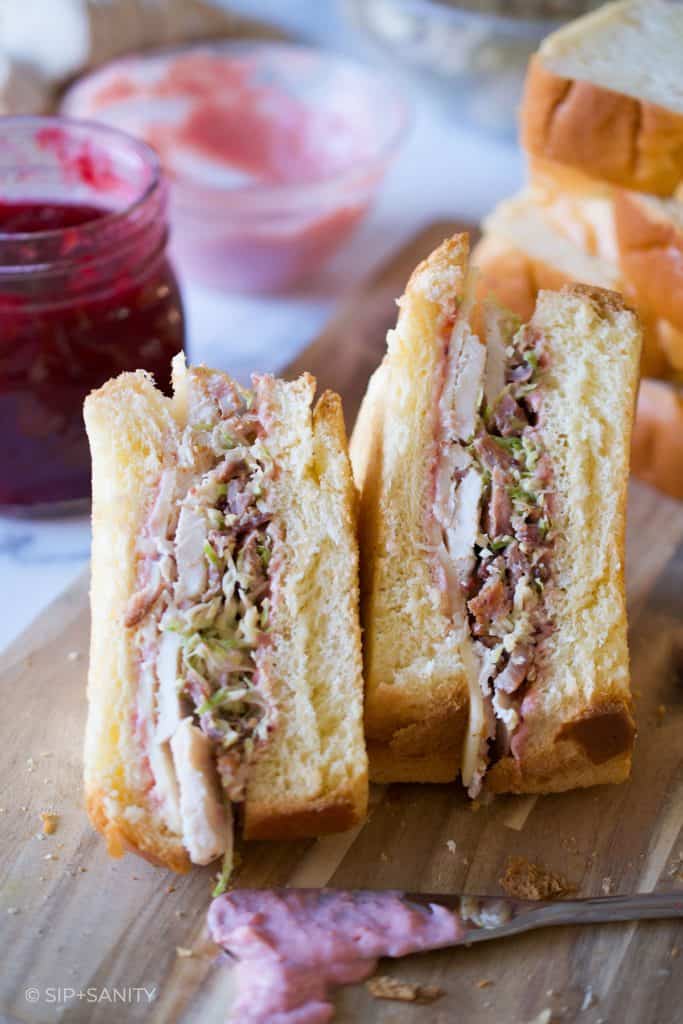 two halves of a thanksgiving leftover sandwich with cranberry miso mayo
