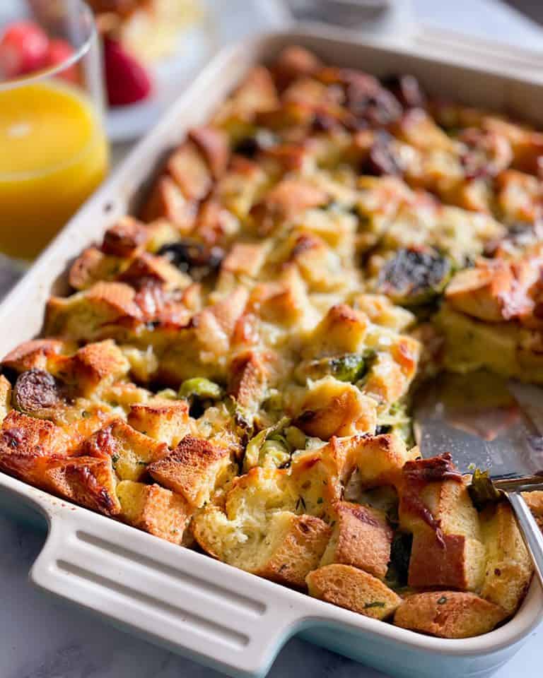 pan of brussels sprouts and pancetta strata