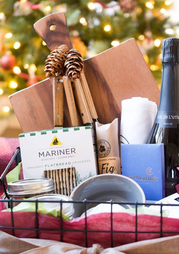 gift basket with items for the wine and cheese lover