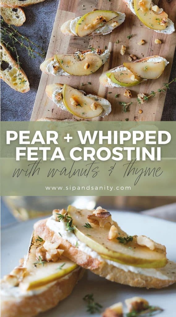 pin image for pear and whipped feta crostini