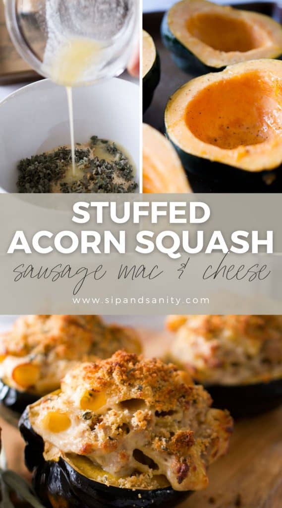 pin image for baked cheesy pasta and sausage stuffed acorn squash
