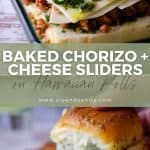 Pin image for baked chorizo and cheese sliders.