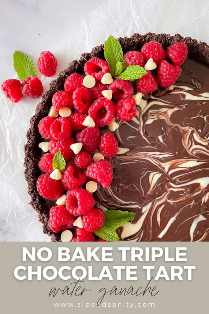Pin image for no bake triple chocolate tart.