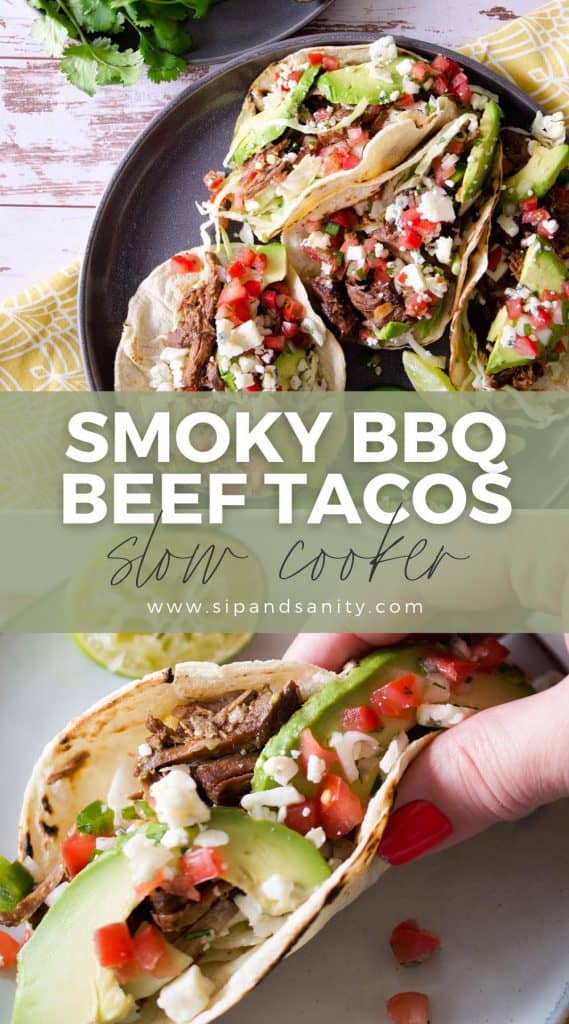 Pin image for slow cooker smoky bbq beef tacos.