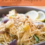 Pin image for spaghettini with roasted cauliflower and pancetta.