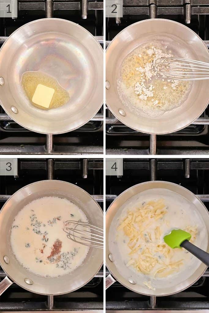 Collage of photos for steps to make mornay sauce.