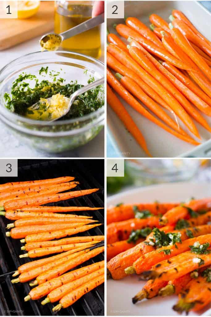 Photo collage of the four steps to make persillade and grilled carrots.