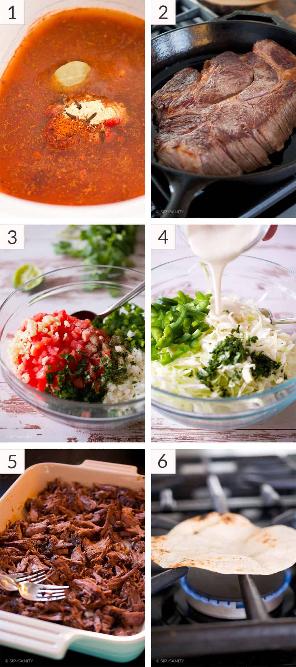 Photo collage with the six steps for making slow cooker beef tacos.