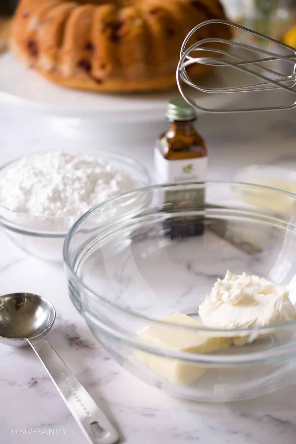 Butter and cream cheese in a bowl.