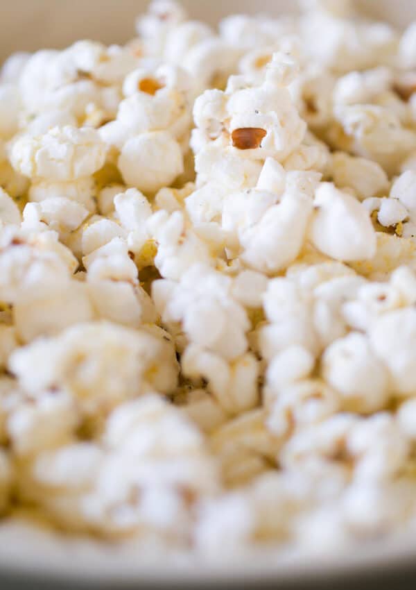 Closeup of a bowl of popcorn.