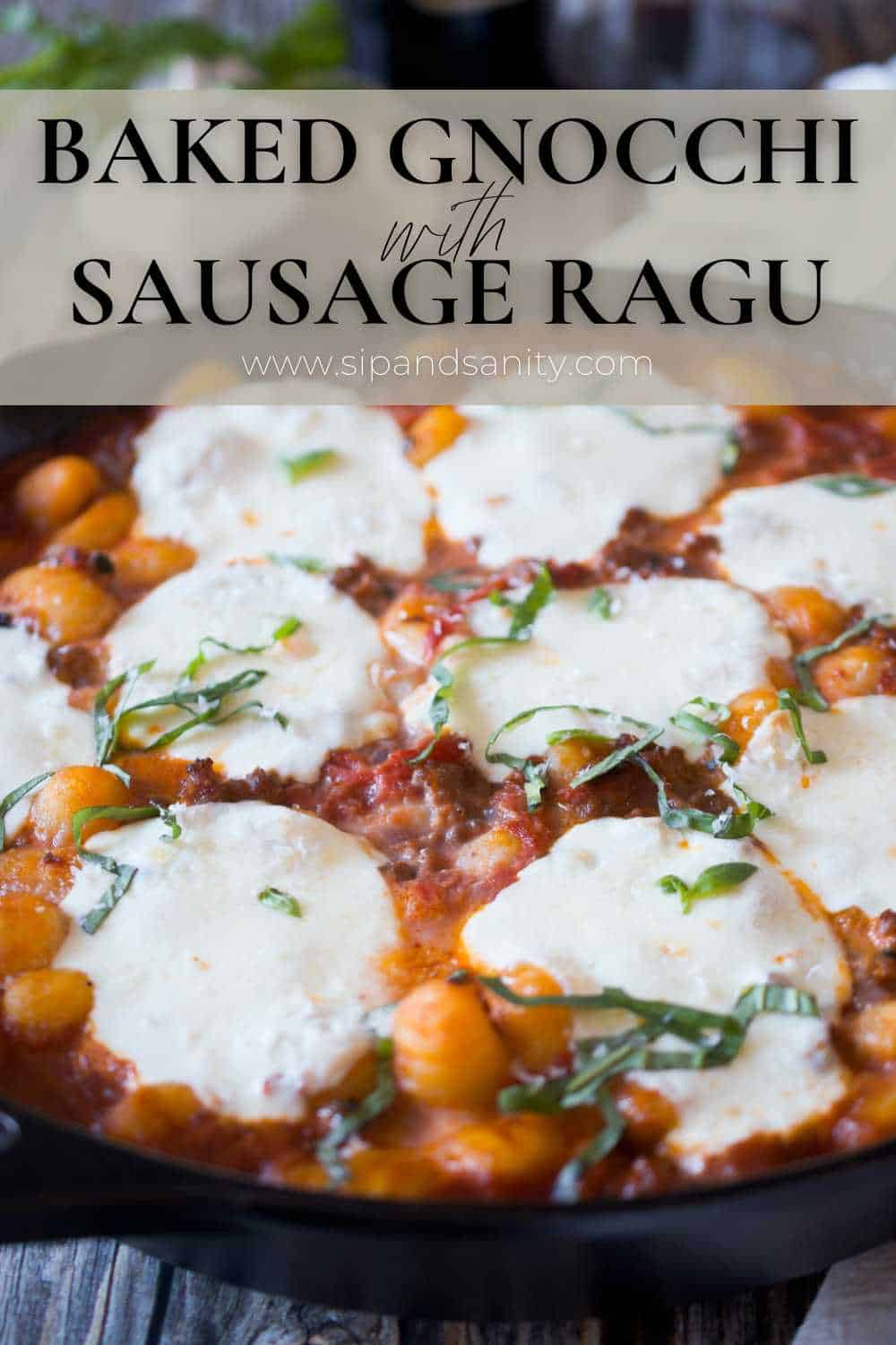 Pin image for baked gnocchi with sausage ragu.