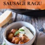 Pin image for baked gnocchi with sausage ragu.