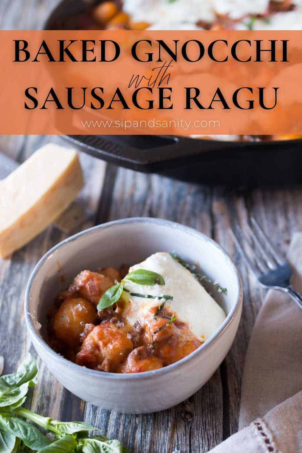 Pin image for baked gnocchi with sausage ragu.
