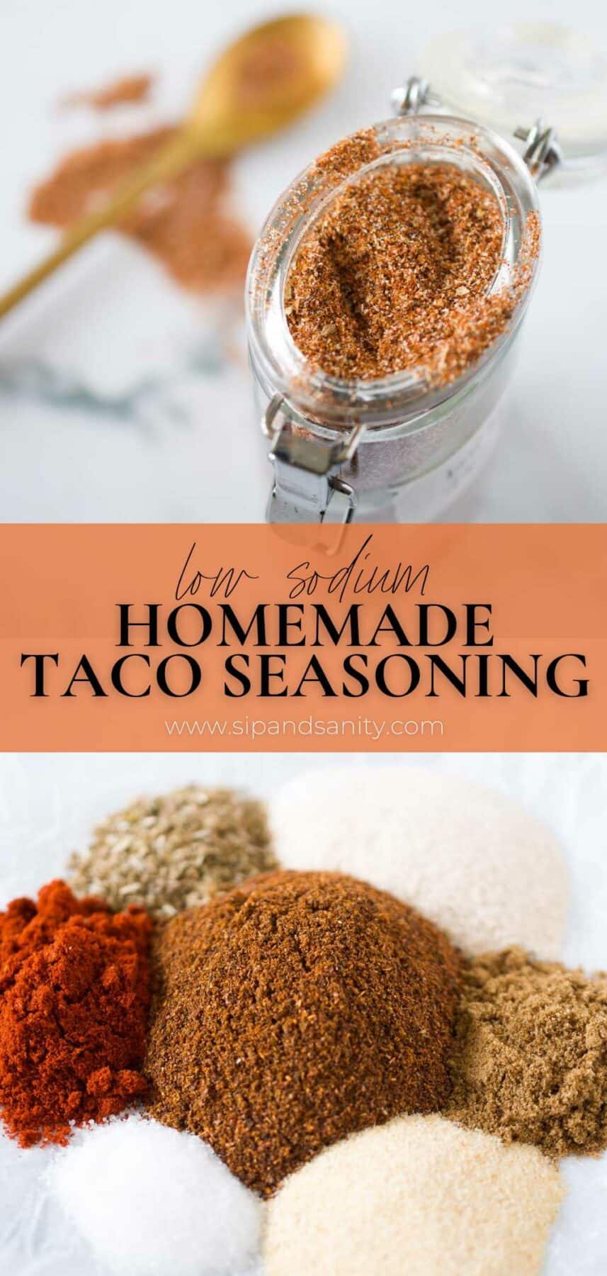 Pinterest image for low sodium homemade taco seasoning.