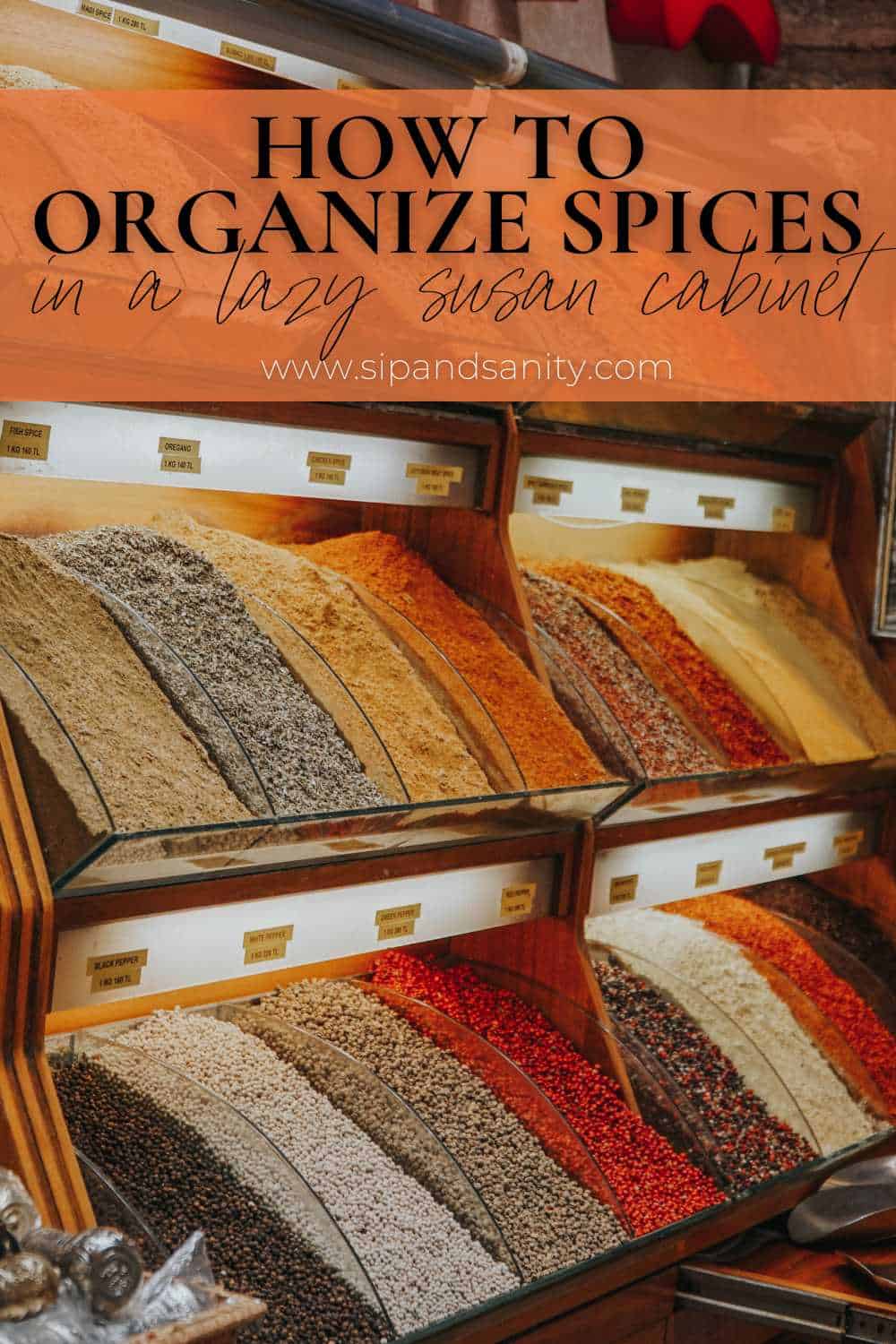 Pin image for how to organize spices in a lazy susan cabinet.