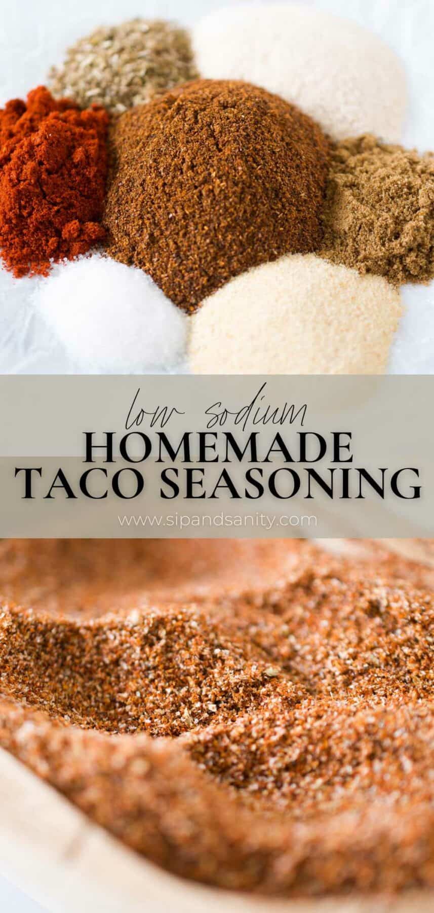 Pinterest image for low sodium homemade taco seasoning.