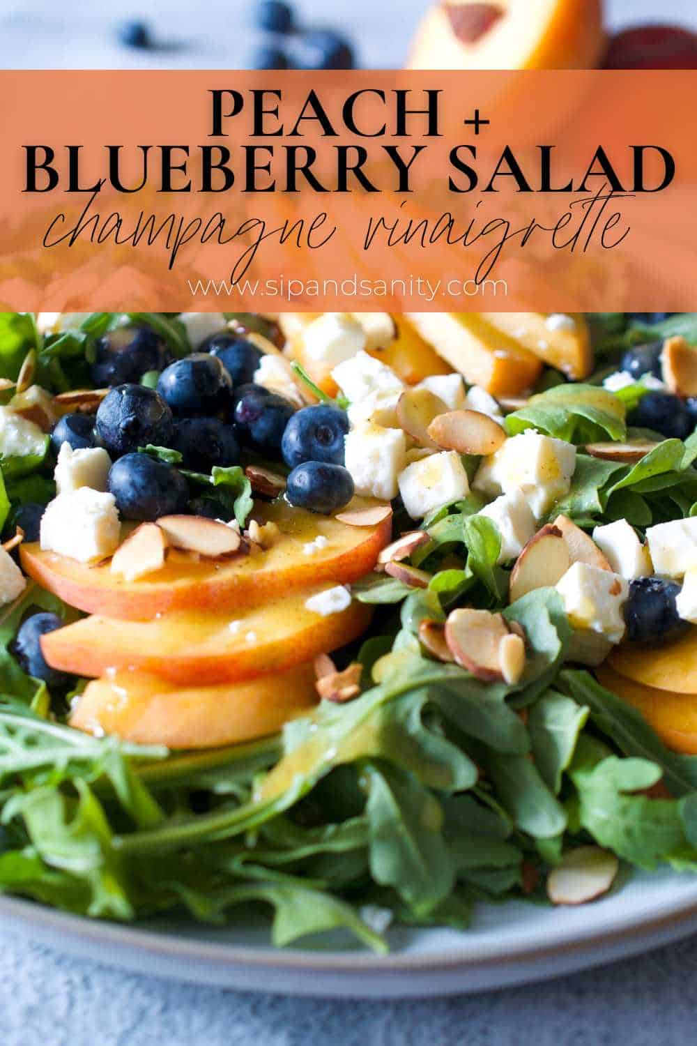 Pin image for peach and blueberry salad with champagne vinaigrette.