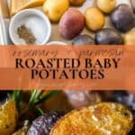 Pin image for rosemary and parmesan roasted baby potatoes.