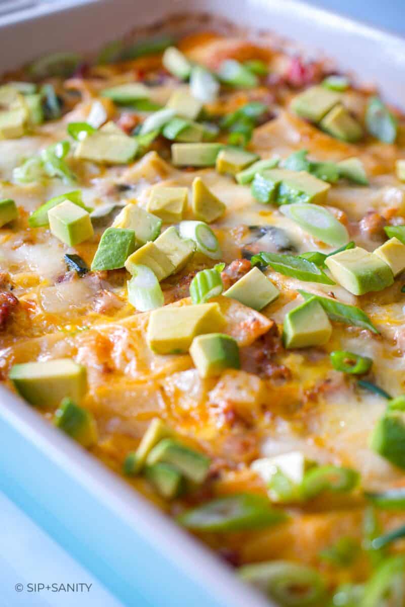 Chorizo, Egg + Cheese Breakfast Burrito Casserole • Sip + Sanity