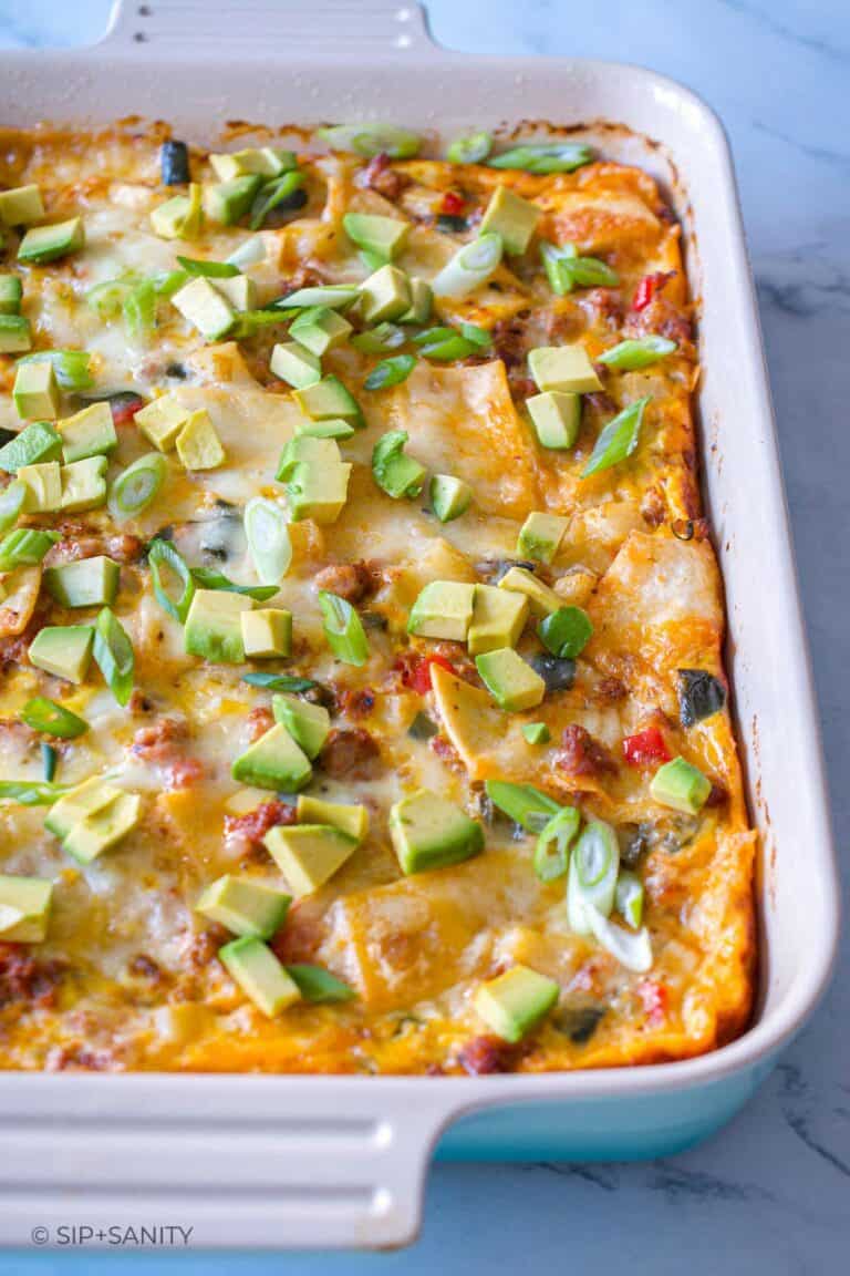 Chorizo, Egg + Cheese Breakfast Burrito Casserole • Sip + Sanity