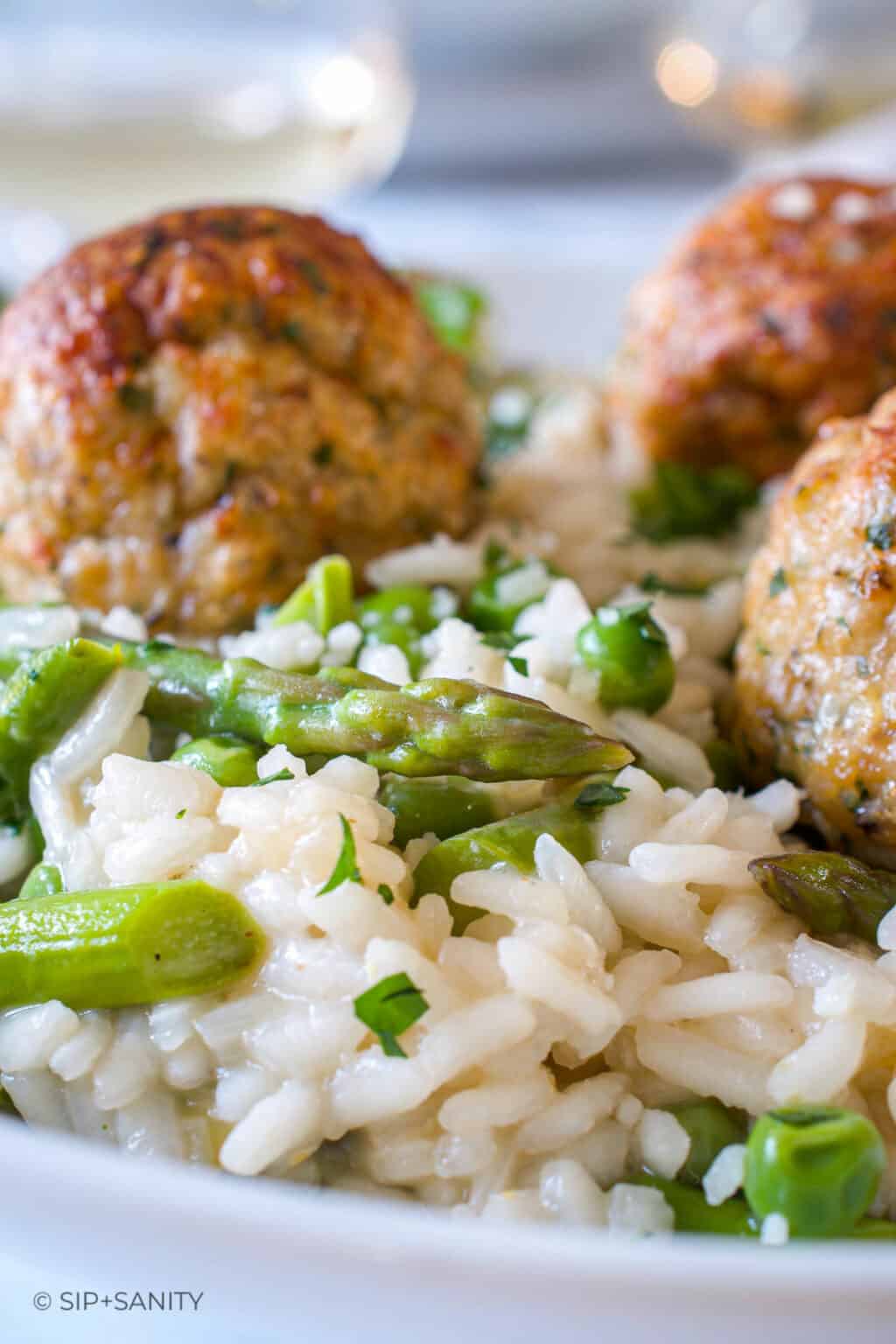 Spring Vegetable Risotto with Chicken Meatballs • Sip + Sanity