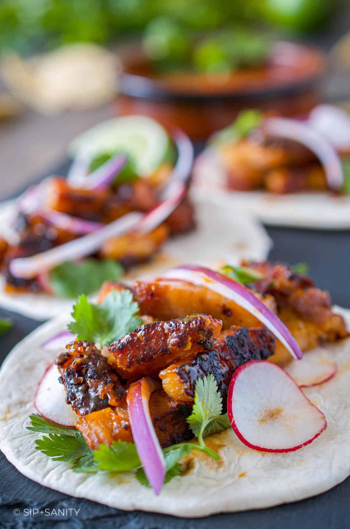 Sweet + Spicy Pork Belly Tacos • Sip + Sanity