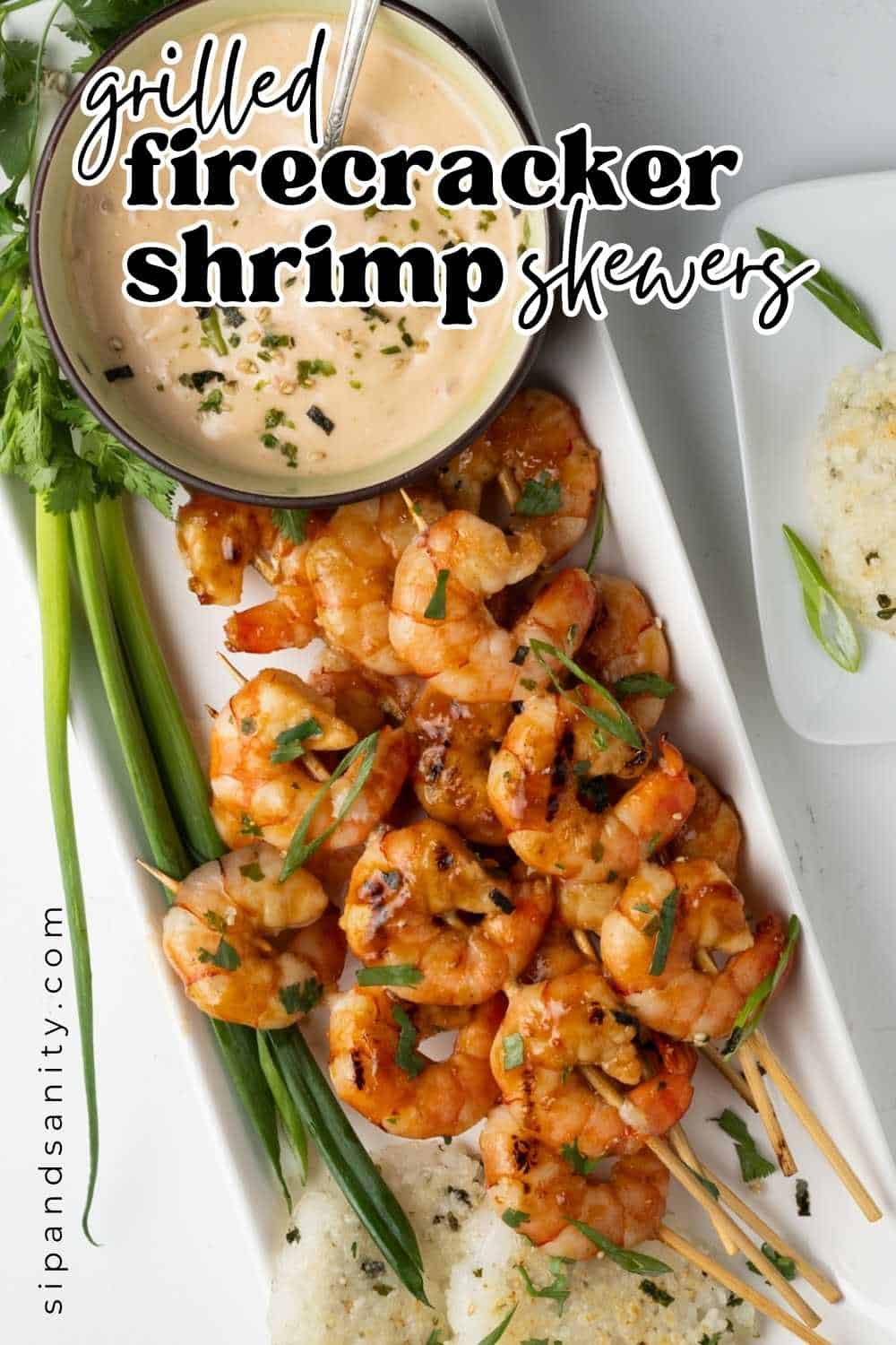 Pin image for grilled firecracker shrimp skewers.