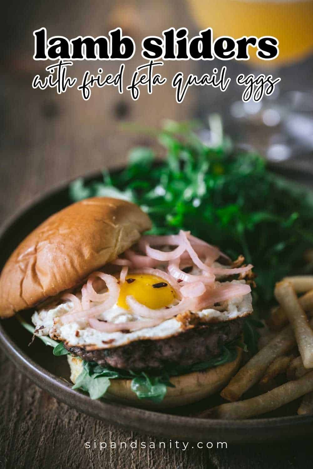 Pin image for lamb sliders with fried feta quail eggs.
