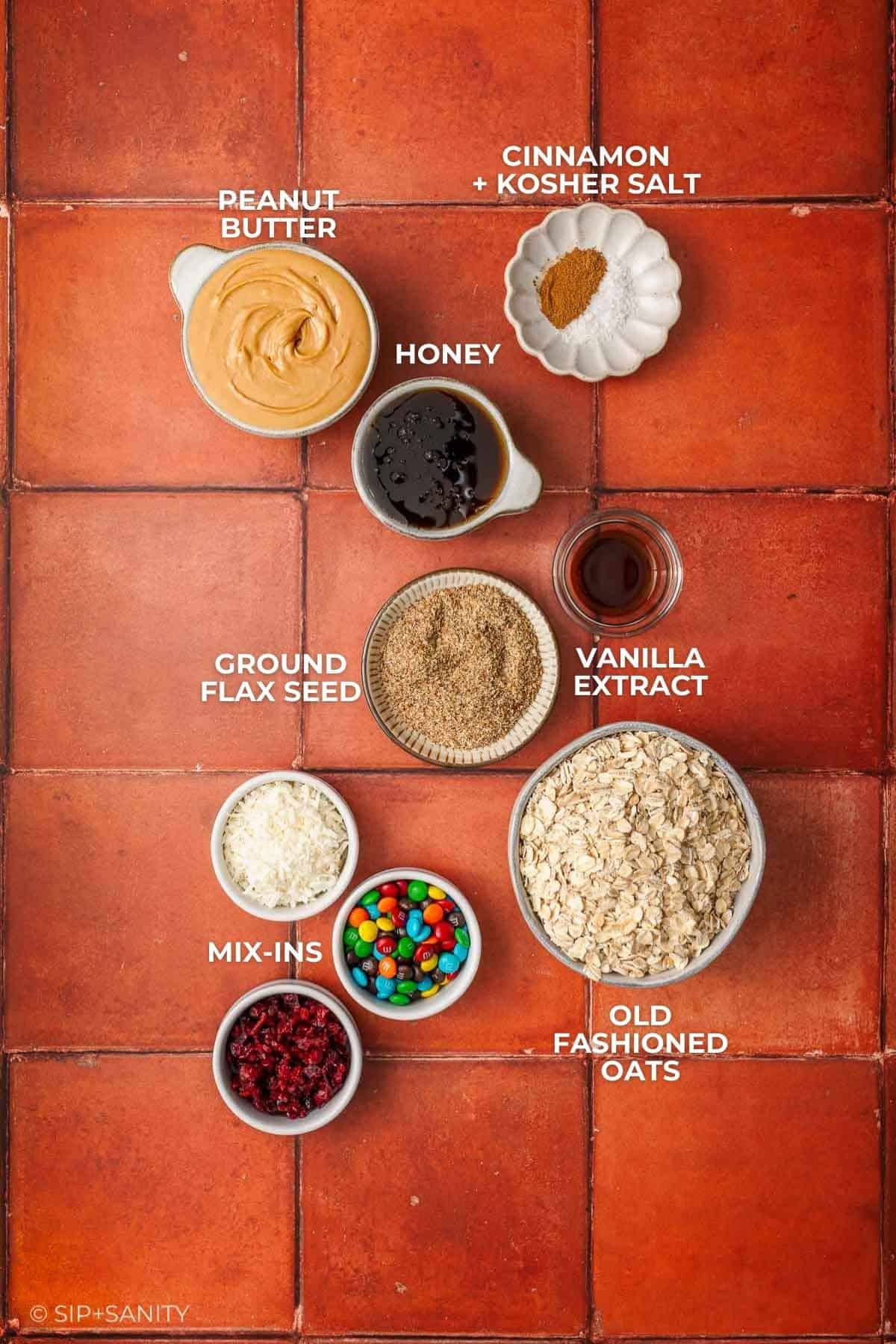 Top-down view of labeled ingredients for energy bites on a red tile surface: peanut butter, honey, ground flax seed, mix-ins (dried fruit and candy), old fashioned oats, vanilla extract, cinnamon, and kosher salt.