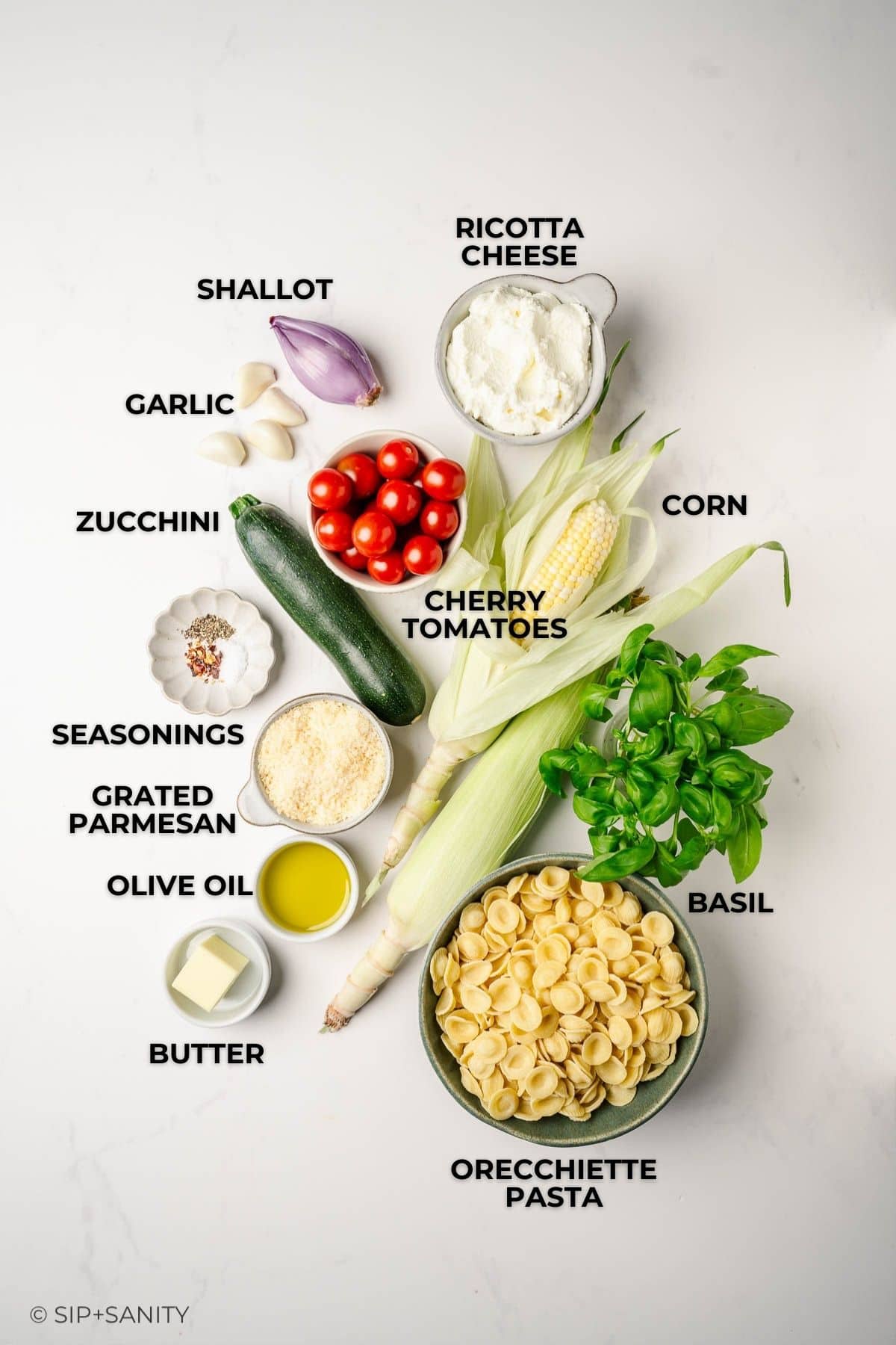 An overhead view of labeled ingredients for a pasta dish, including orecchiette pasta, butter, olive oil, grated parmesan, seasonings, zucchini, shallot, garlic, cherry tomatoes, corn, ricotta cheese, and fresh basil.