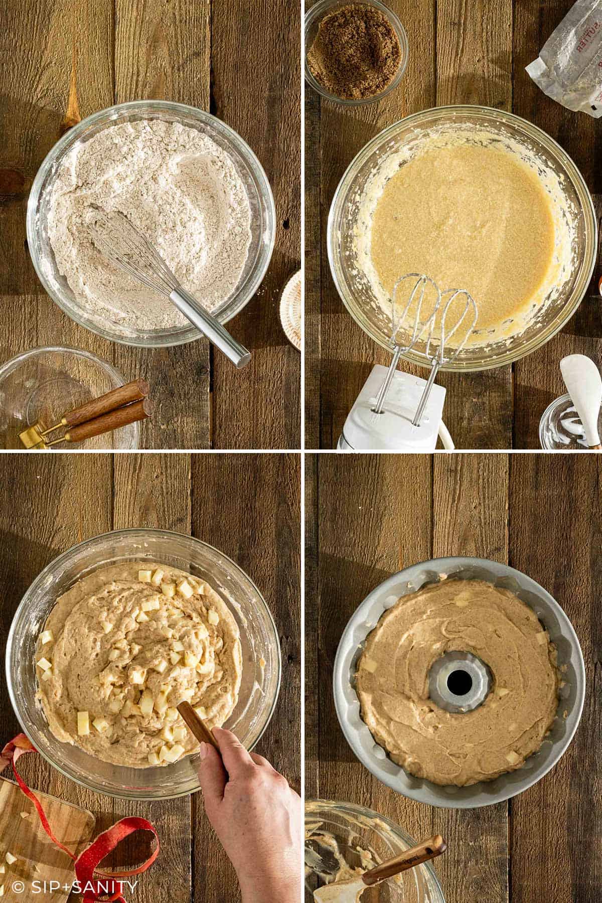 Four overhead photos show steps of making a cake: mixing dry ingredients, beating wet ingredients, folding diced apples into batter, and spreading the batter into a bundt pan on a wooden table.