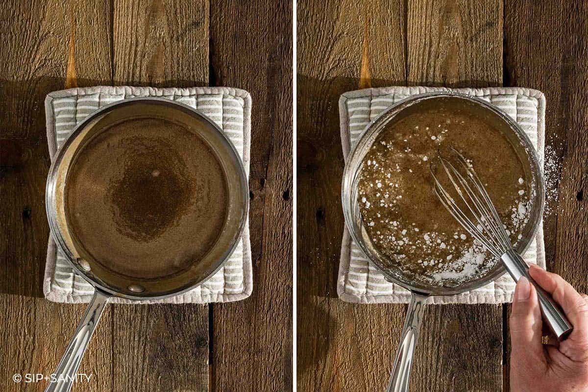 Two images show a skillet on a quilted pad atop a wooden surface. The left side shows melted butter; on the right, a hand uses a whisk to mix sugar into the skillet.