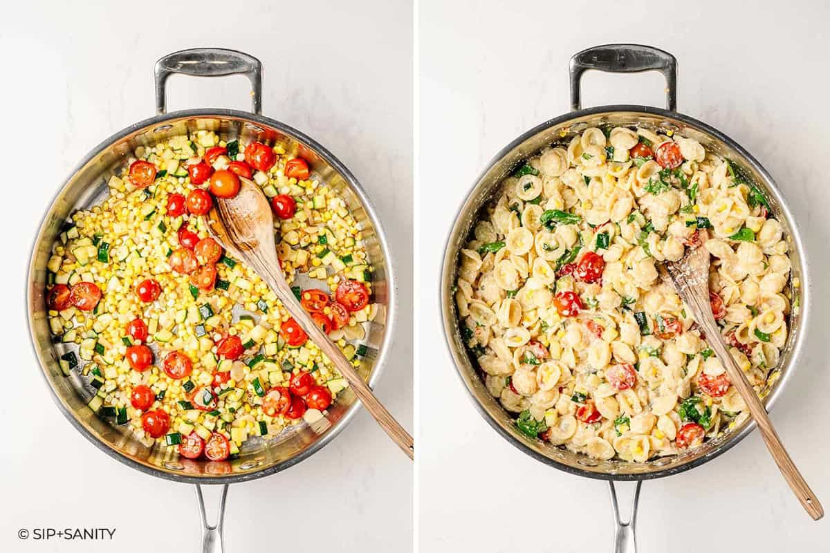 Side-by-side images of a skillet: on the left, sautéed corn, zucchini, and cherry tomatoes being stirred; on the right, the same skillet with added pasta and creamy sauce mixed with the vegetables.