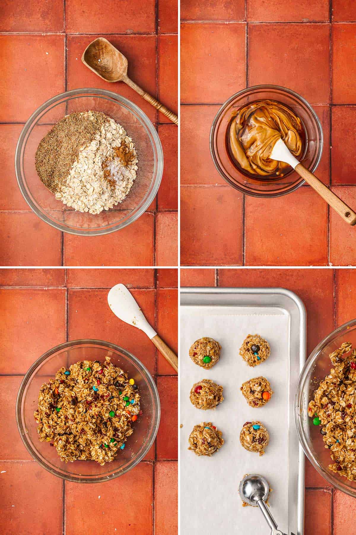 Four images show the steps of making cookies: mixing dry ingredients, combining with peanut butter, adding colorful mix-ins, and placing spoonfuls of dough on a baking sheet.