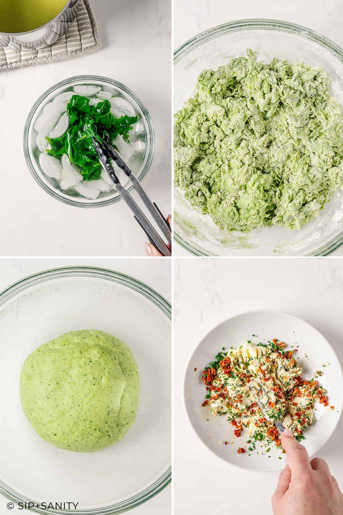Four photos show: shocking blanched spinach in ice water, mixing green dough, a ball of green dough, and a white plate with butter topped with sun dried tomatoes and herbs.