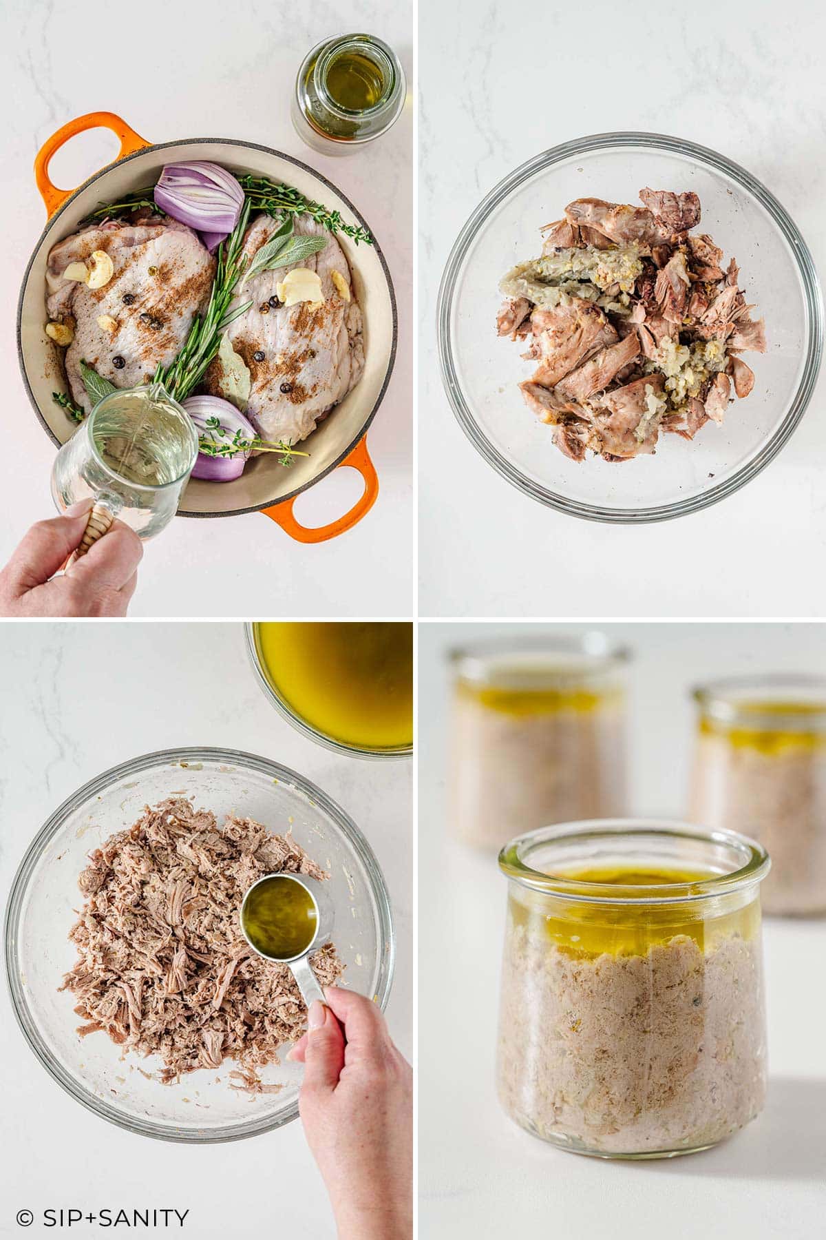 A four-step collage showing turkey thighs being cooked with herbs and onion, shredded in a bowl, mixed with juices, and packed into glass jars topped with butter.